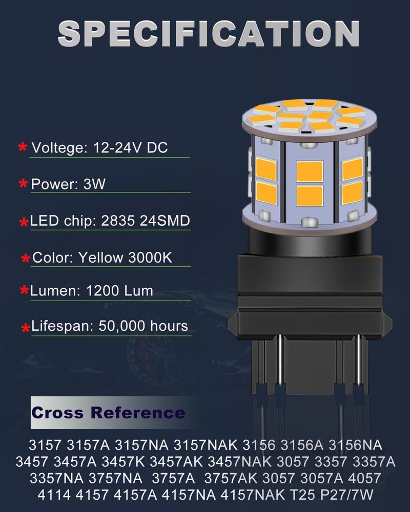 LEDYOTRY 3157 LED Bulbs Amber 12V-24V Super Bright Low Power 4157 3056 3057 3047 4057 3156 3157A LED Bulb for Turn Signal Blinker Lights, Brake Tail Parking DRL Lights, Pack of 2 - Image 2